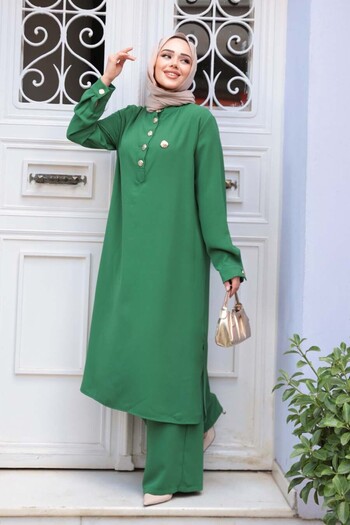 N.S NEVA STYLE Button Detailed Green Hijab Double Set 76642Y