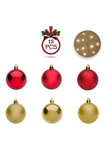 Silver Star Set Ornamente de Craciun cu Globuri Rosii Aurii cu LED - 13 buc