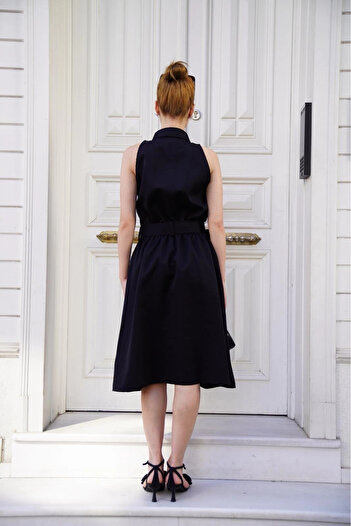 agishop Shirt Collar Belt Dress Black S255061