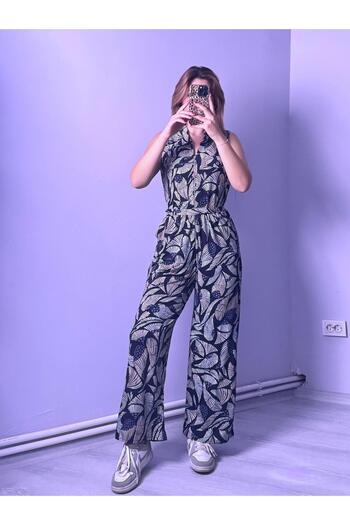 Qenz Leaf Patterned Jumpsuit - Dark Blue