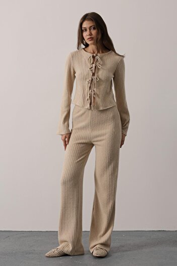 Le Savu Shilsee Women's Front Bow Tie Blouse Pants Soft Knitted Set Beige
