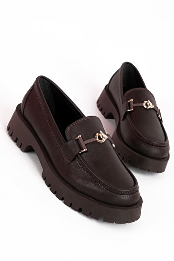 Lal Shoes & Bags Wopyt Women's Gold Buckle Detailed Thick Sole Loafer Shoes-Brown