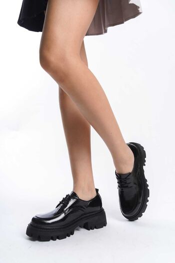 ERNİLA Julia Genuine Leather Women's Lace-Up Black Patent Leather Loafer Shoes