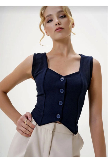 agishop Crepe Fabric Button Vest Navy Blue S3395