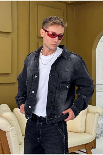 serline Anthracite Ripped Detail Denim Jacket
