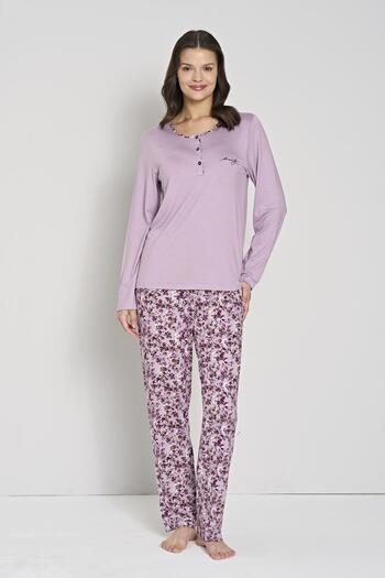Pijadore Women's Plus Size Lilac Floral Print Button down Collar Long Sleeve Pajama Set C0T1N91