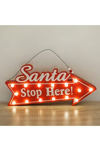 Jumbo Christmas Decorative Sign Red Wooden Arrow 'Santa Stop Here' with Light 35 cm