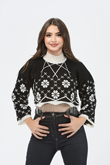 H&E LUXURY DESIGN Pulover crop tricotat cu model floral pentru femei