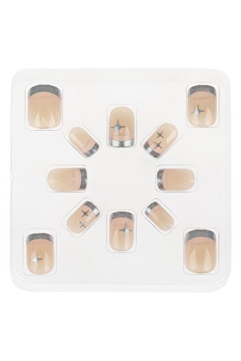 OEM False Nails Set with Glue French Silver with Square Stars - 12pcs