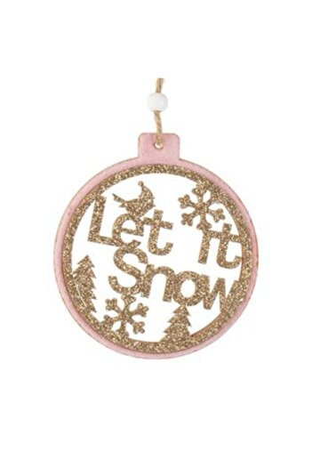 Jumbo Christmas Tree Ornament Round Wooden 'Let it Snow' Velvet Pink with Beige Glitter Ø10 cm