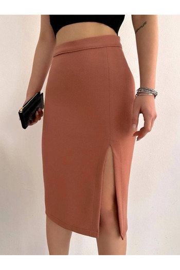 agishop Long Midi Length Slit Skirt Salmon S24907