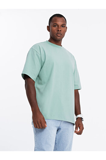 OMBRE Ανδρικό βαμβακερό μπλουζάκι LOOSE FIT με στρογγυλή λαιμόκοψη - μέντα V6 OM-TSBC-0234 XL
