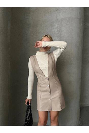 agishop Leather Gilet Dress Beige W24796