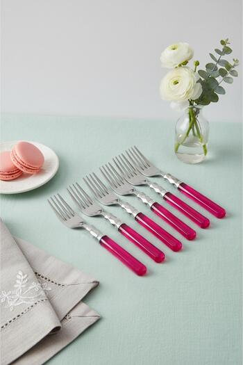 EWs Set of 6 Stainless Steel Pink Dessert Forks