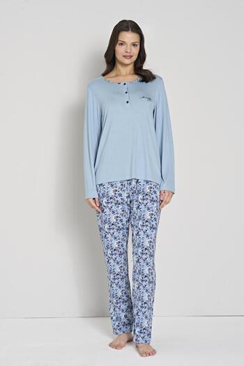 Pijadore Women's Blue Floral Print Button down Collar Long Sleeve Pajama Set C0T1N91