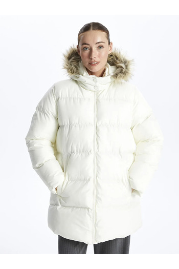 LC Waikiki Lcw Vision Beige Women's Hooded Plain Puffer Coat