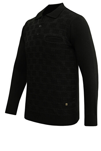 Çizgi Triko Men's Plus Size Polo Neck Sweater with Pockets, Crinkled Steel Knit, Classic Fit - 5215Fb