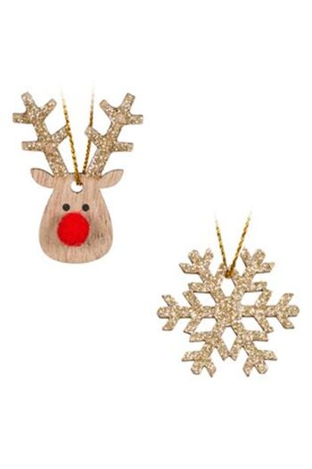 BAMI NETWORK Wooden Christmas Tree Ornaments Snowflakes Deer Glitter 4cm - 8pcs