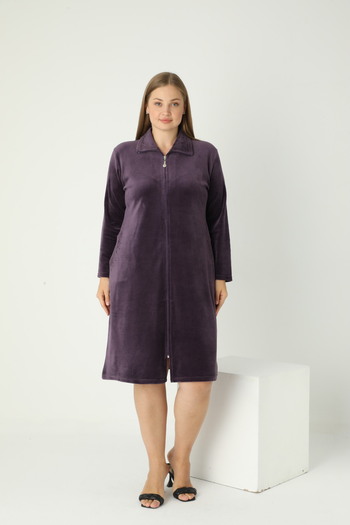 STELLETO Velvet Winter Collared Stone Detailed Pocketed Plus Size Zippered Dress