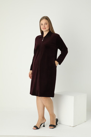 STELLETO Velvet Winter Collared Stone Detailed Pocketed Plus Size Zippered Dress
