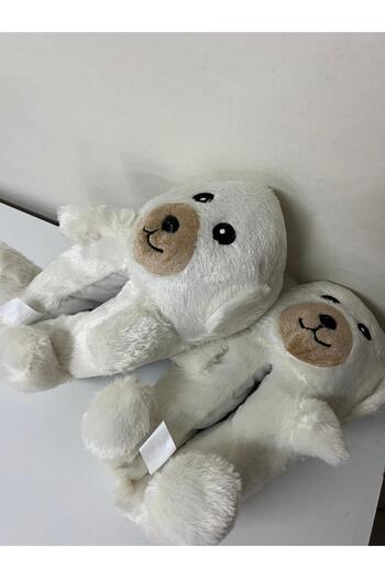 Eylül Spor Cute Plush Slippers with Teddy Bear Figure – White |   Comfortable, Quiet and Non-Slip Base