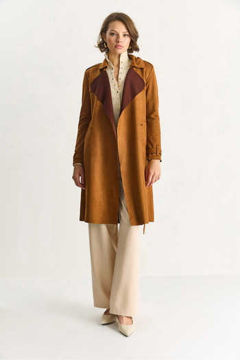 Bianco Lucci Women's Double Breasted Collar Draped Belted Suede Trench Coat 24-182 60283554