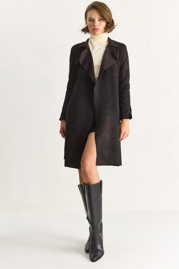 Bianco Lucci Women's Double Breasted Collar Draped Belted Suede Trench Coat 24-182 60283554