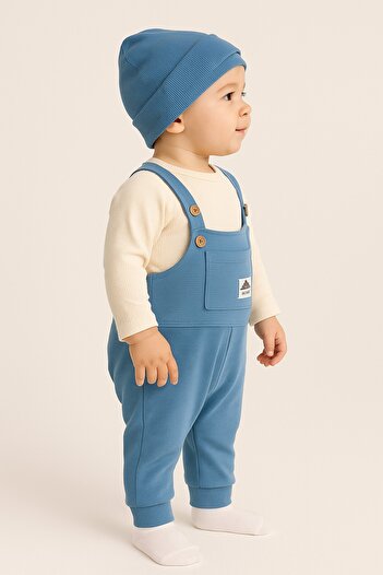 dinamik çocuk Baby Boy Mountain Themed Romper/3-Piece Set I Salopet+Beanie+Waffle Bodysuit 3-6-9-12 Months Old