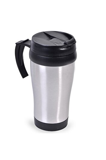 SHOPIENS Metal coffee mug with handle and black plastic lid with spout, Shopiens®, 450 ml