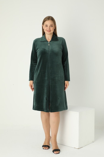 STELLETO Velvet Winter Collared Stone Detailed Pocketed Plus Size Zippered Dress