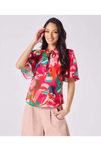 Zigzag Vneck Tie Flared Sleeve Floral Top