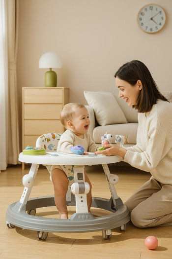 Baby Walker Foldable Grey with Adjustable Height and 360° Rotating Activity Toy Tray