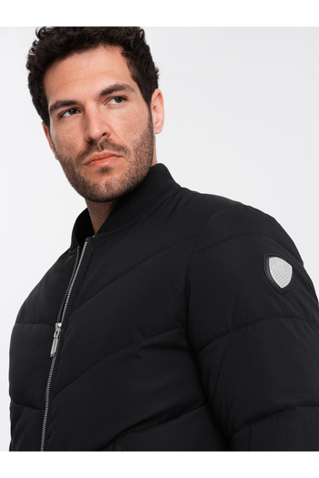 OMBRE Pánská prošívaná bomber bunda s kovovými zipy - černá V1 OM-JALP-0143