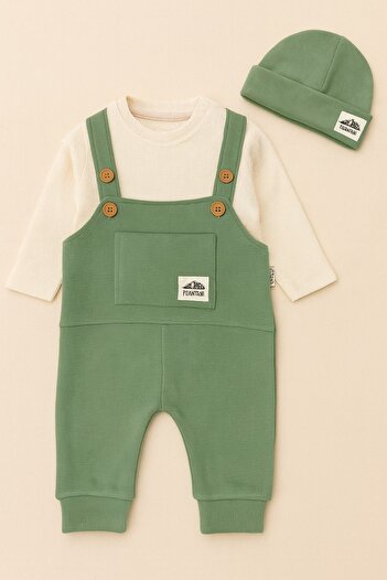 dinamik çocuk Baby Boy Mountain Themed Romper/3-Piece Set I Salopet+Beanie+Waffle Bodysuit 3-6-9-12 Months Old