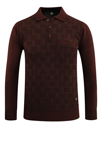 Çizgi Triko Men's Plus Size Polo Neck Sweater with Pockets, Crinkled Steel Knit, Classic Fit - 5215Fb
