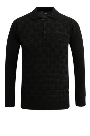 Çizgi Triko Men's Plus Size Polo Neck Sweater with Pockets, Crinkled Steel Knit, Classic Fit - 5215Fb