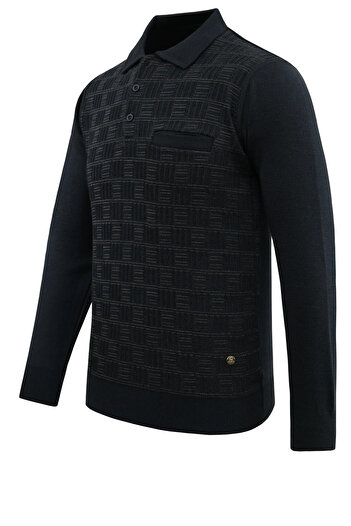 Çizgi Triko Men's Plus Size Polo Neck Sweater with Pockets, Crinkled Steel Knit, Classic Fit - 5215Fb