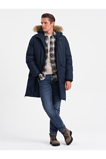 OMBRE Alaskan men's winter jacket with detachable fur from the hood - navy blue V1 OM-JALJ-0148
