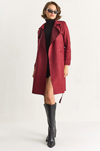 Bianco Lucci Women's Double Breasted Collar Draped Belted Suede Trench Coat 24-182 60283554