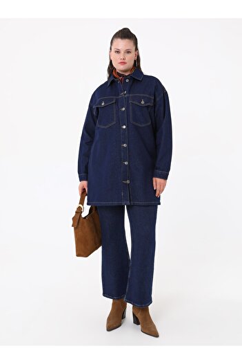 ALİA Plus Size Denim Shirt Jacket with Contrast Stitching Detail and Flap Pockets - Dark Blue -