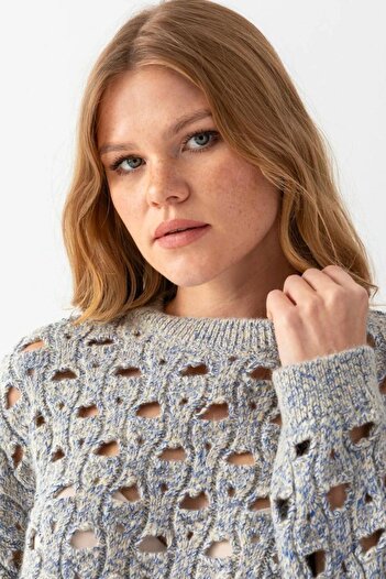 Noi Belis Soft Textured Openwork Crew Neck Knitwear Sweater Aw25Kz0044