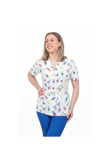 DEMOTEKS Kimono Medical Blouse, White with Print, Women - Medical Uniform Model Children's Dressing