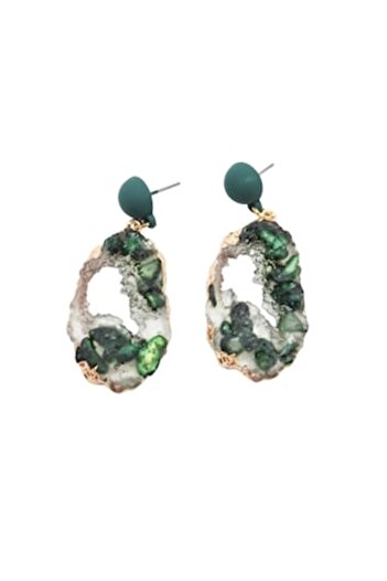 OEM Drop Earrings, green, with gold mounting, decorated with resin