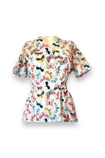 DEMOTEKS Medical Kimono Elastane Blouse, White with Print, Women - Medical Uniform Pattern Colorful Butterflies