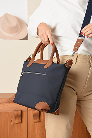 Just Polo Women's Large Size Sports Model Suitcase Size Long Strap Hand & Shoulder Bag Navy Blue Tan 1106