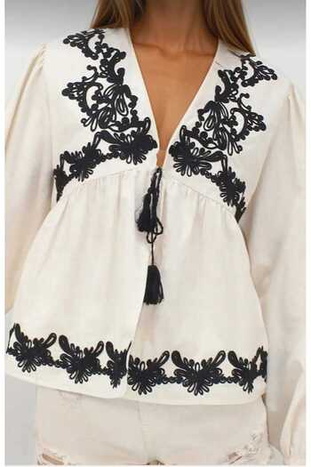 ESQ Balloon Sleeve Tie up Jacket with Embroidery Detail
