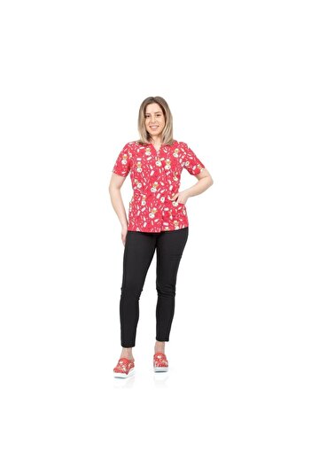 DEMOTEKS Kimono medical blouse, red with print, women - Medical Uniform Model - Teddy Bear
