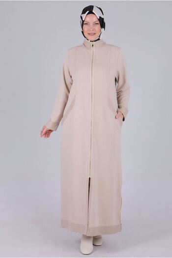 Moda Rosa 26K2814 - Stone - Plus Size Hijab Zippered Three Thread Ferace