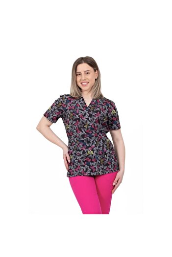 DEMOTEKS Bluza Medicala Kimono Elastan, Negru cu Imprimeu, Femei - Model Uniforma Medicala Fluturi Colorati