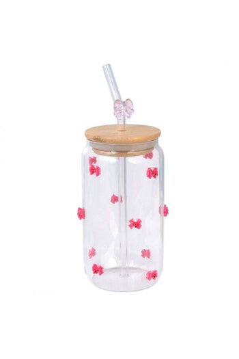 ECARLA Borosilicate glass tumbler with bamboo lid, straw and bows, 460 ml, eCarla, SZK135